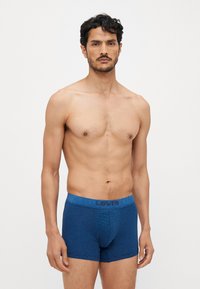Modré pruhované boxerky s mäkkým elastickým pásom, na ktorom je logo "Levi's". Vyrobené z pružného materiálu pre pohodlie a dobré padnutie.