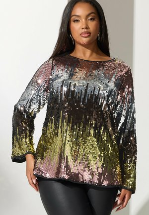 Top in paillettes con un gradiente di colori: oro, rosa, argento e nero. Maniche lunghe e scollatura rotonda con una superficie liscia e lucida.