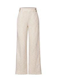 Beige weit geschnittene Hose aus strukturiertem Stoff mit hoher Taille, zwei vorderen Knöpfen und einer lockeren Passform.