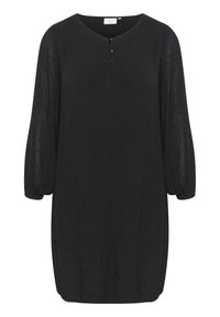 Robe noire avec des manches ballons 3/4, décolleté en V, et trois boutons noirs au niveau du col. Tissu texturé avec un motif à points subtil.