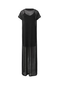 Sort maxikjole med korte ærmer, der har et gennemsigtigt overlay, afslappet pasform og struktureret stof. Glat inderfor er synligt under.