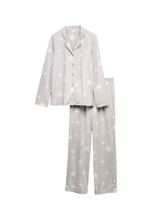 Grau gestreiftes Pyjama-Set aus weichem Stoff, bestehend aus einem kurzärmeligen Oberteil mit Reverskragen und passenden Hosen, die beide mit weißen Sternmustern verziert sind.