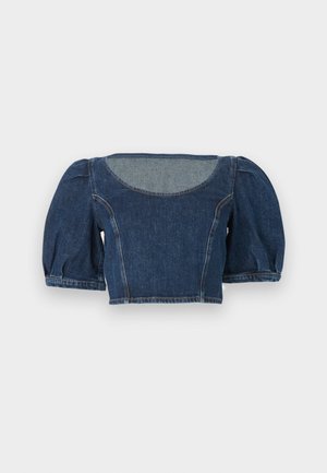 Croppet denimtopp med puffede korte ermer og bred rund hals, med synlige sømdetaljer for formgiving.