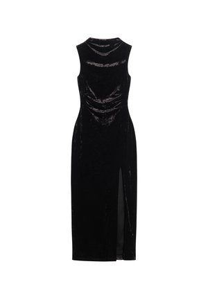 Ärmelloses schwarzes Samtmidikleid mit hohem Kragen und einem Schlitz vorne rechts.