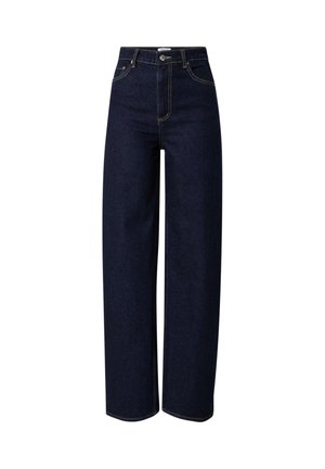 Dunkelblaue Denim-Jeans mit weitem Bein und hoher Taille, mit einem Knopfverschluss vorne, Gürtelschlaufen und kontrastierenden Stickdetails.