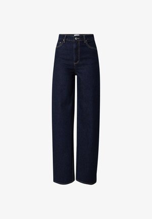 Dunkelblaue Denim-Jeans mit weitem Bein und hoher Taille, mit einem Knopfverschluss vorne, Gürtelschlaufen und kontrastierenden Stickdetails.