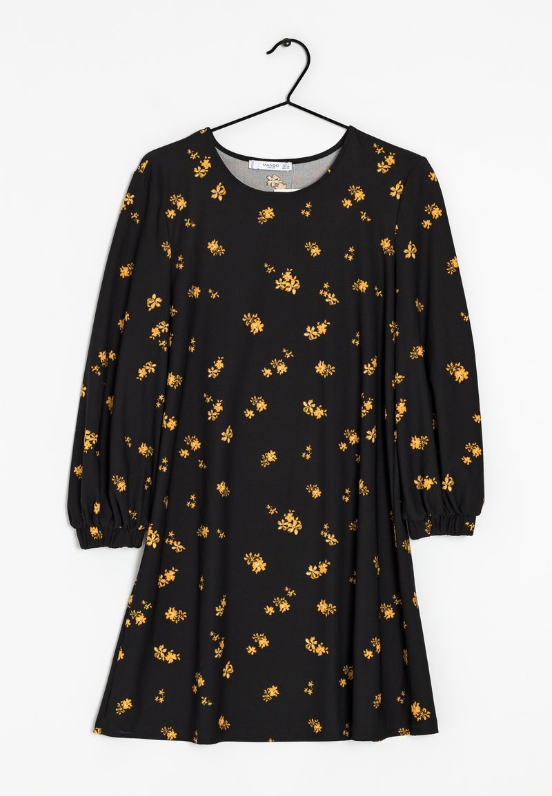 Robe noire avec des motifs floraux jaunes, manches bouffantes longues, encolure ronde et silhouette évasée. Fabriquée en tissu lisse.