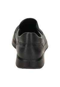 Black leather slip-on shoe with a textured surface, rounded heel, and rubber sole. Minimalistic design with no visible hardware or patterns.