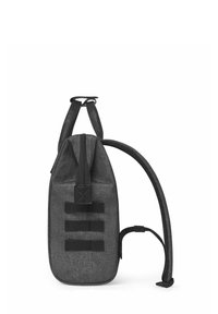 Black fabric backpack with a zippered top, side handle, and adjustable straps. Features three horizontal webbing accents on the front.