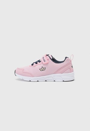 Pink athletic shoes with a mesh upper, black accents, and a strap closure. Features a white sole and a subtle logo design.