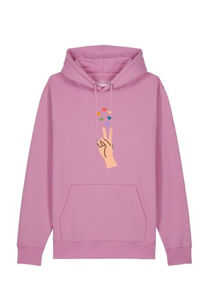 Fliederfarbener Hoodie mit Fronttasche, darauf eine Hand, die ein Peace-Zeichen zeigt, und bunte Herzen über den Fingern.