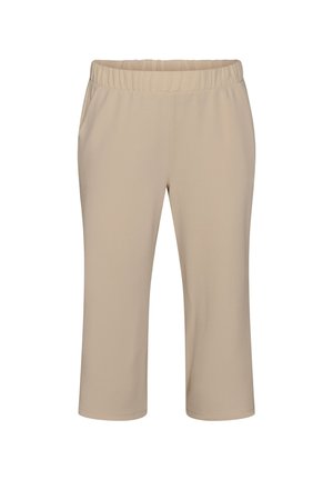 Beige korte bukser med elastisk talje og sidelommer, designet til afslappet brug.