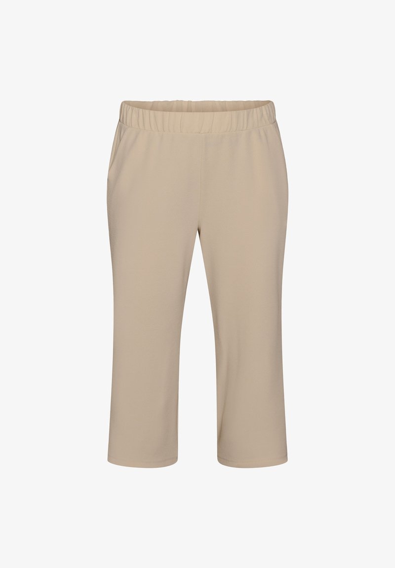 Pantalon beige raccourci avec ceinture élastique et poches latérales, conçu pour un port décontracté.