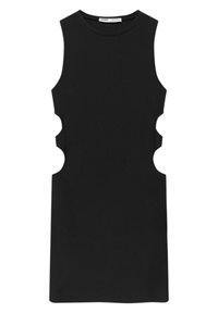 Robe noire sans manches avec des découpes sur les côtés, fabriquée dans un tissu lisse avec une silhouette ajustée et un col rond.