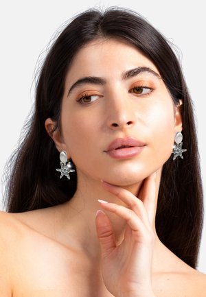 Silberne Ohrringe in Form eines Sterns mit funkelnden Akzenten und einem glatten, runden Oberteil. Das Design weist filigrane Details und ein metallisches Finish auf.