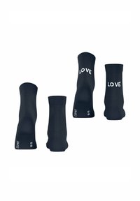 Marineblaue Baumwollsocken mit geripptem Textur, knöchelhoch und weißem "LOVE"-Text auf beiden Seiten. Mit "ESPRIT"-Markierung nahe der Ferse.