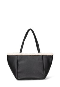 Borsa tote in pelle nera con esterno strutturato, rifinitura in pelliccia sintetica color crema lungo la parte superiore e due manici robusti.