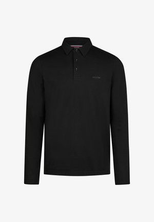 Polo shirt noir à manches longues en coton. Présente un col classique, une patte de boutonnage à trois boutons et un logo subtil sur la poitrine. Texture lisse.