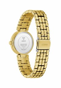 Reloj de pulsera de acero inoxidable dorado con caja redonda, pulsera de eslabones y una esfera blanca redonda que presenta un logotipo y una marca de resistencia al agua.