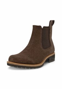 Braune Wildleder-Ankle-Boots mit elastischen Seitenteilen und einer Zuglasche. Verfügt über eine Gummisohle mit einem Profil und einem genähten Detail am Fußbereich.