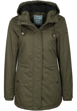 Veste d'hiver verte à capuche avec fermeture éclair et boutons-pression, cordons avec embouts métalliques, deux poches avant et doublure intérieure noire.