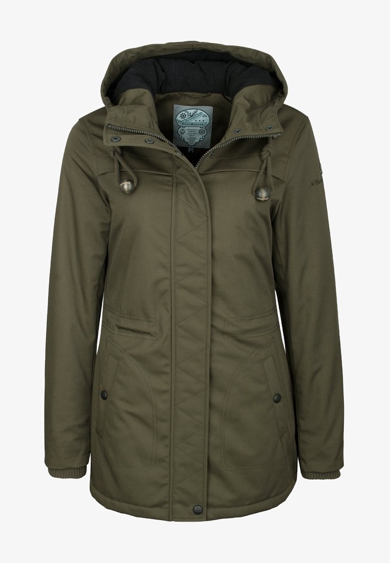 Veste d'hiver verte à capuche avec fermeture éclair et boutons-pression, cordons avec embouts métalliques, deux poches avant et doublure intérieure noire.