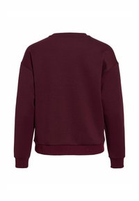 Donker bordeauxrode sweatshirt met lange mouwen, geribbelde manchetten, tailleband en ronde hals, van achteren getoond op een witte achtergrond.