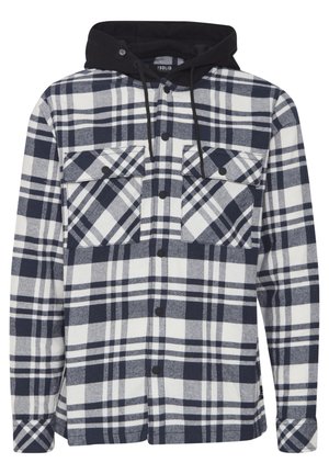 Gestoord flanellen shirt in navy en wit met een zwarte capuchon. Kenmerken zijn onder andere twee knopen borstzakken en een relaxed fit met ruitpatronen.