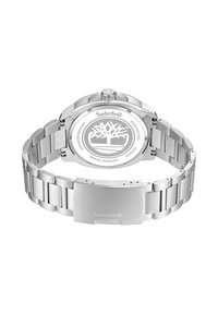 Orologio in acciaio inossidabile con bracciale a maglia, cassa rotonda e corona a vite. Sul retro presenta il logo di Timberland e l'indicazione di impermeabilità.