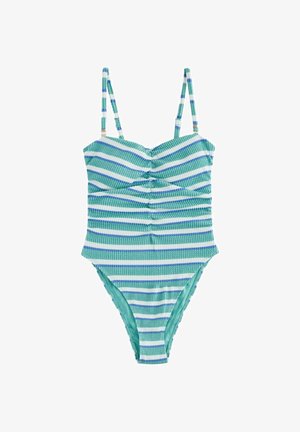 Vienos dalies maudymosi kostiumėlis iš tekstūruotos medžiagos su horizontaliomis žaliomis, baltomis ir mėlynomis juostelėmis, turintis reguliuojamas petnešėles ir raukšlėtą priekį.