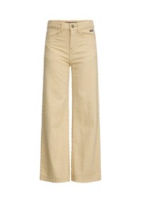 Pantaloni beige a gamba larga realizzati in tessuto testurizzato con motivi a pois in rilievo, dotati di chiusura con bottone e del classico design a cinque tasche.