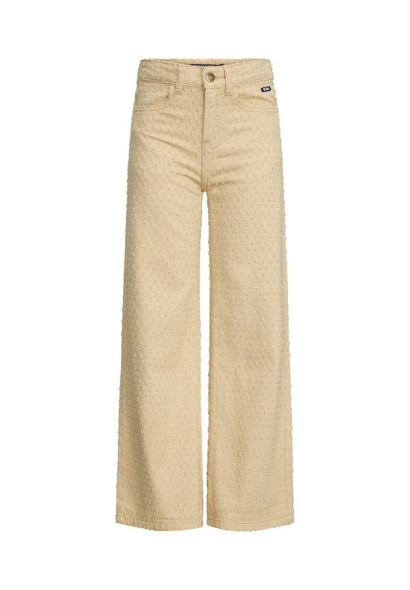 Pantaloni beige a gamba larga realizzati in tessuto testurizzato con motivi a pois in rilievo, dotati di chiusura con bottone e del classico design a cinque tasche.