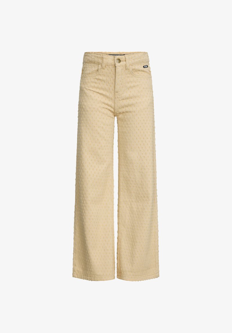 Pantaloni beige a gamba larga realizzati in tessuto testurizzato con motivi a pois in rilievo, dotati di chiusura con bottone e del classico design a cinque tasche.