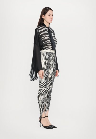 Top transparent negru cu dungi verticale, asociat cu colanți cu model de zebre alb-negru și pantofi cu vârf ascuțit negri.