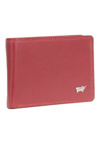 Portafoglio in pelle rosa con una texture liscia, forma rettangolare e cuciture visibili. Presenta un piccolo logo argentato sulla parte anteriore.