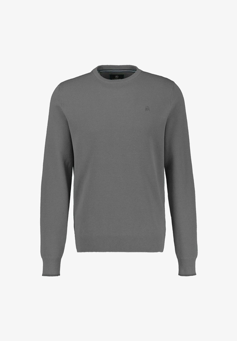 Grijze gebreide trui met ronde hals, gestructureerde stof, lange mouwen en een klein logo op de borst. Geribbelde manchetten en zoom.