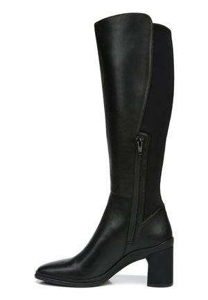Black knee-high boots featuring a smooth leather front, stretchy fabric back, and a block heel. Side zip closure for easy wear.