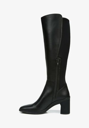 Black knee-high boots featuring a smooth leather front, stretchy fabric back, and a block heel. Side zip closure for easy wear.