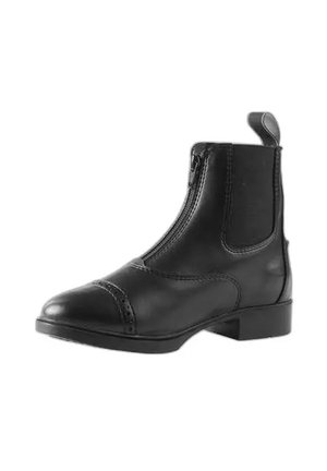 Stivaletto nero in pelle con zip frontale, pannello laterale elastico, punta rotonda e tacco basso a blocco su sfondo bianco.