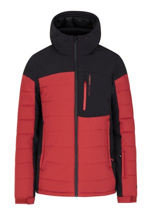 Chaqueta aislante roja y negra con un bolsillo con cremallera, capucha y textura acolchada. Cierre frontal con cremallera y diseño de paneles en contraste.