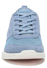 Light blue athletic shoes featuring a combination of textured mesh and suede materials, with a padded tongue and lace-up design.