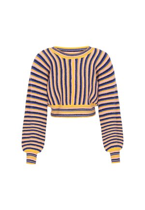 Striped knit cropped sweater with long puffed sleeves in yellow, black, purple, and pink horizontal and vertical stripes.
