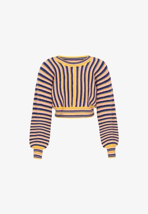 Ribakujundusega lühike kampsun, millel on pikad pallikätised, kollases, mustas, lillakas ja roosas horisontaal- ja vertikaaltriibuline muster.