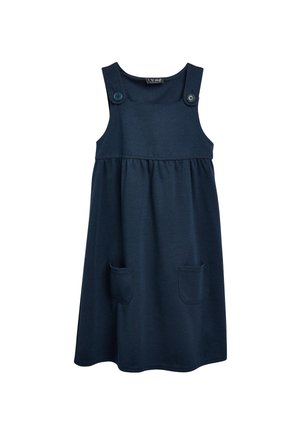 Robe en coton bleu marine avec un corsage ajusté, des bretelles larges, une taille froncée et deux poches avant.