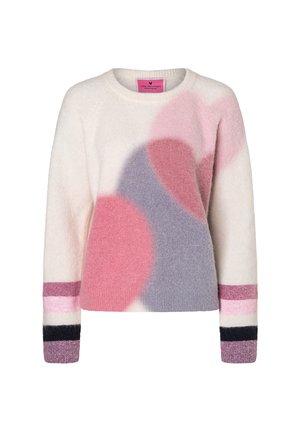 Soft knit sweater in cream with large pastel circles in pink, purple, and gray. Features color-blocked striped cuffs in pink, purple, and navy.