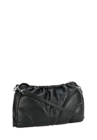 Borsa a spalla in pelle nera con parte superiore arricciata e tracolla regolabile. Presenta una texture trapuntata e una finitura liscia. Dettagli in metallo argentato.