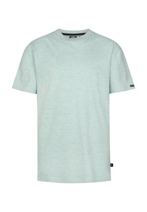 T-shirt a righe verde chiaro realizzata in tessuto morbido. Presenta una scollatura a girocollo e maniche corte. Piccolo dettaglio con logo sul petto.