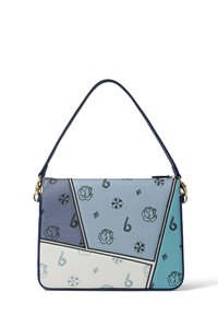 Borsa multicolore in diverse tonalità di blu con motivi floreali e geometrici. Realizzata in materiale sintetico testurizzato con dettagli in metallo dorato.