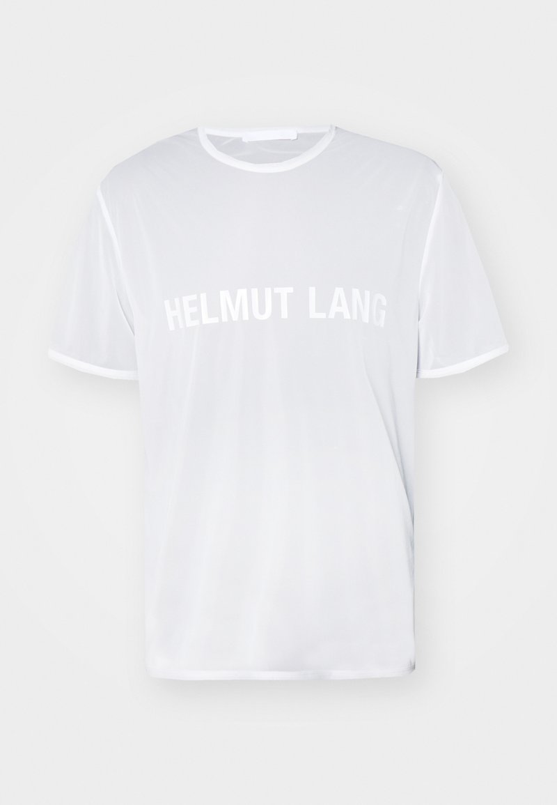 Weißes Kurzarm-T-Shirt aus glattem Stoff mit "HELMUT LANG" in fetten weißen Buchstaben auf der Brust bedruckt.