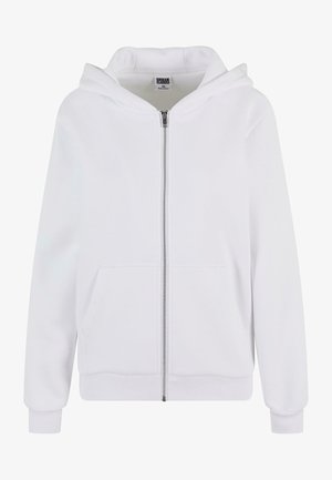 Witte rits hoodie gemaakt van zachte stof, met een kap, twee voorzakken en ribgebreide manchetten aan de mouwen. Eenvoudig, casual ontwerp.